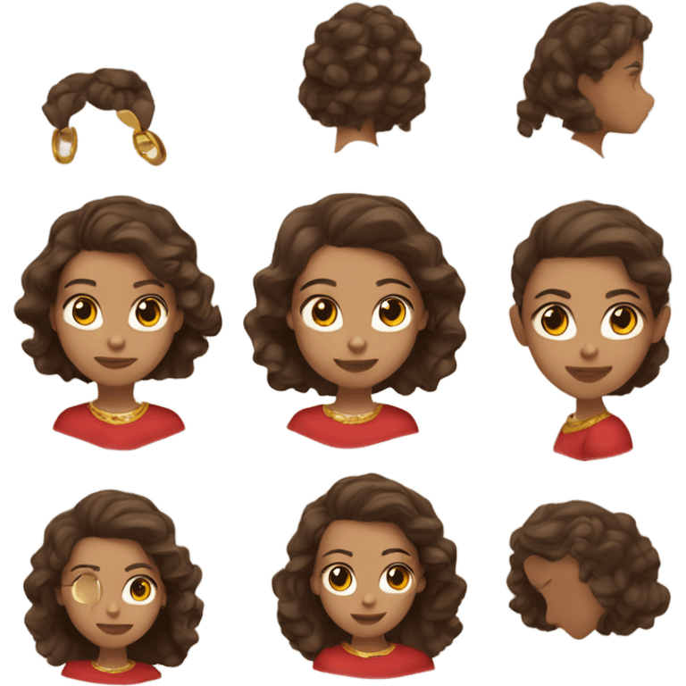 girl with brown hair and brown eyes with brown small arrows on her eyes and light skin with gold earrings rings in her ears and with light skin and dressed in a red top emoji