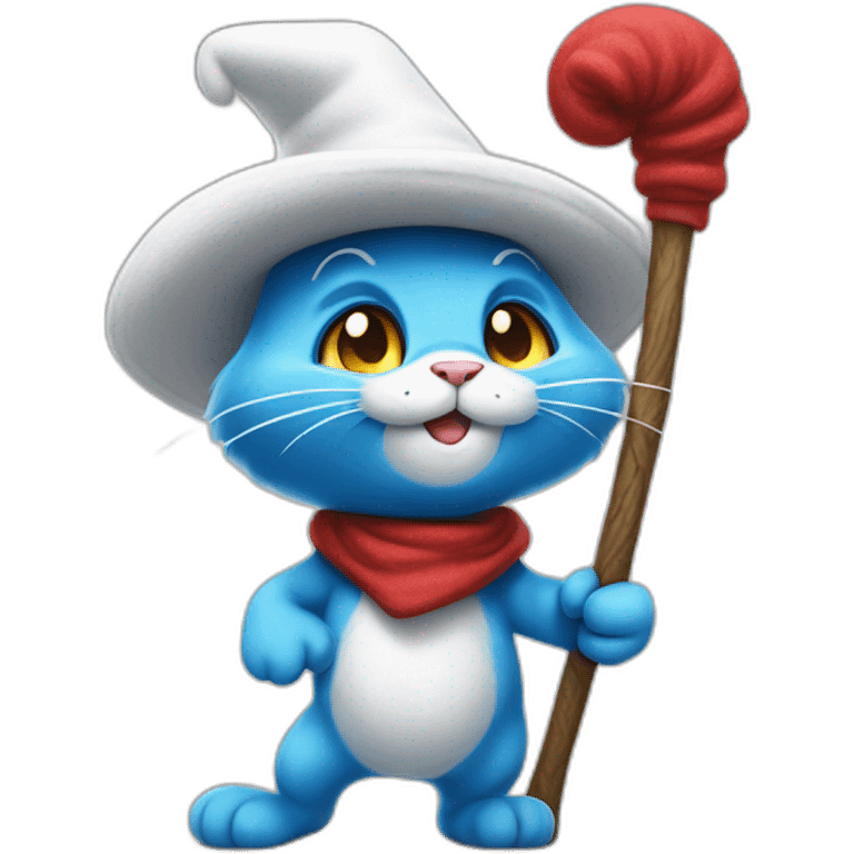 Smurf cat wear a white hat walking on a stick emoji