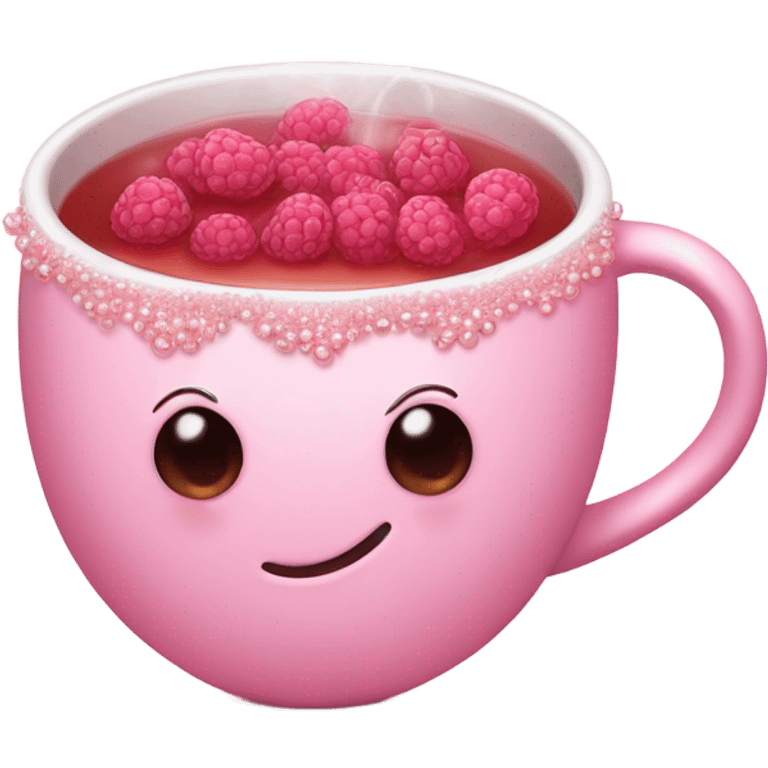 soft pink mug filled with steaming hot raspberry tea, decorated with blush pink pearl and sparkly embellishments (aesthetic, cute) emoji