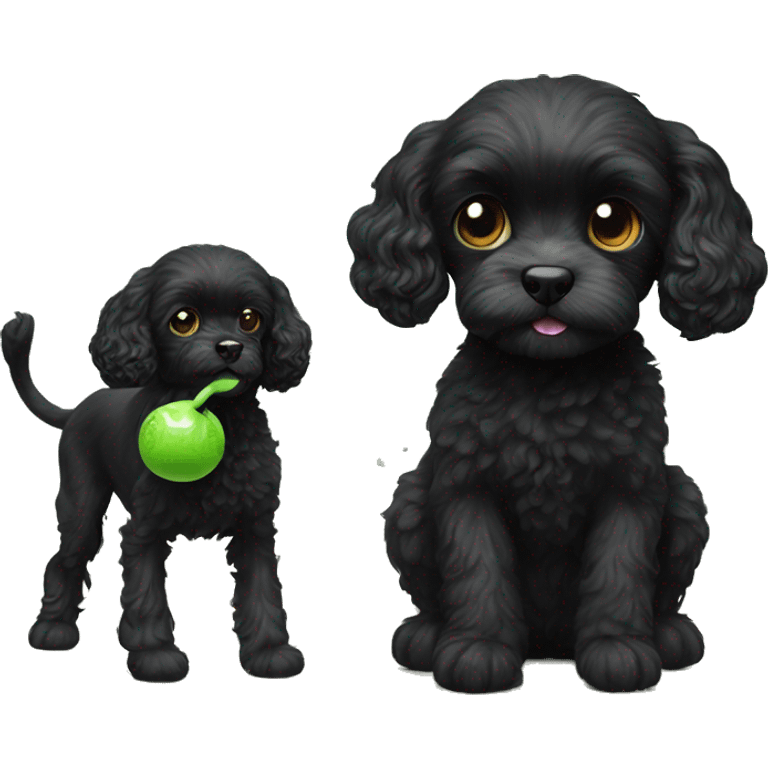 black cavoodle with a white chin. playing with a green monkey toy emoji