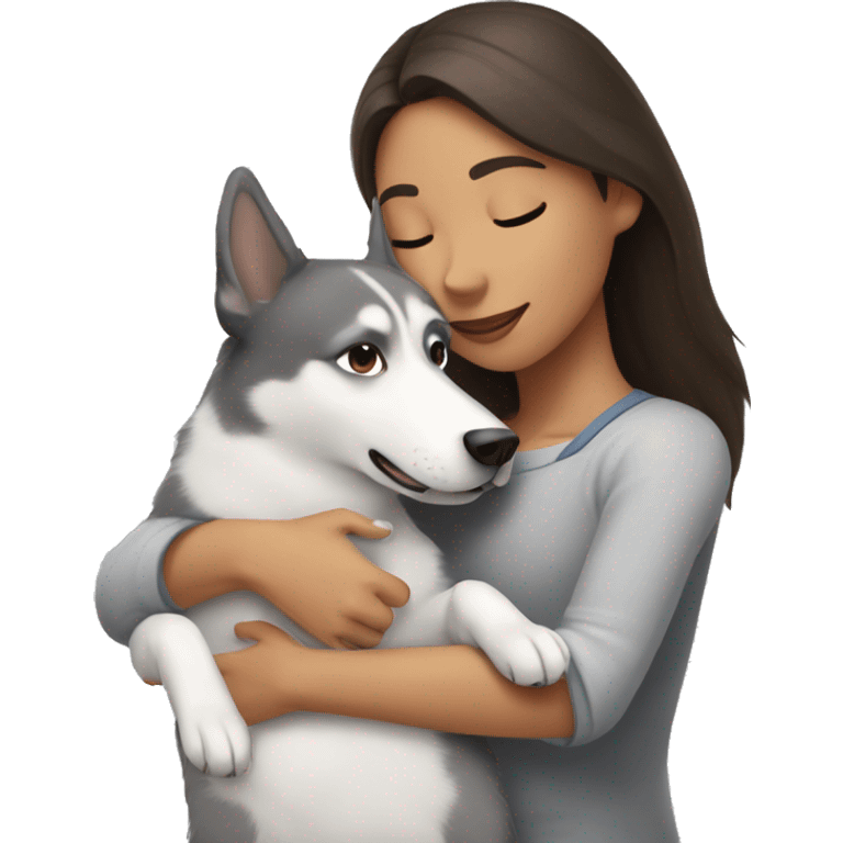 A brunette hugs a white and gray dog like a husky emoji