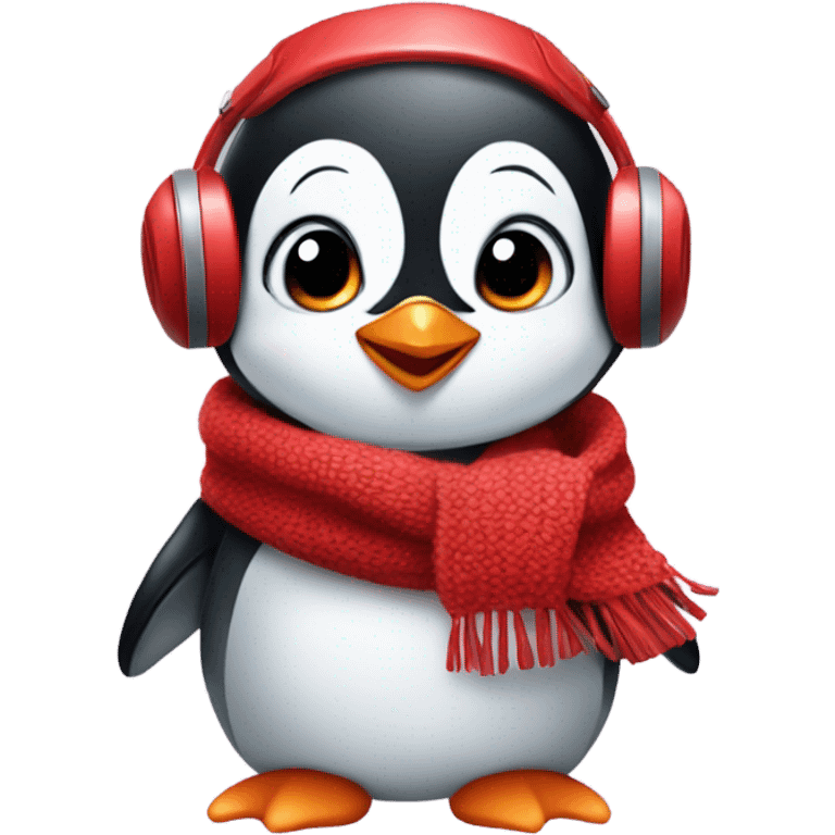 Baby penguin with a red scarf and red ear muffs emoji