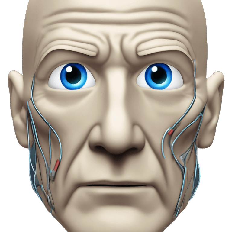 Jean luc picard from Star Trek assimilated by the Borg, with mechanical metal covering only the left side of his face, with wires and a red light on the left side. Both his eyes are unobstructed and are human blue eyes. emoji