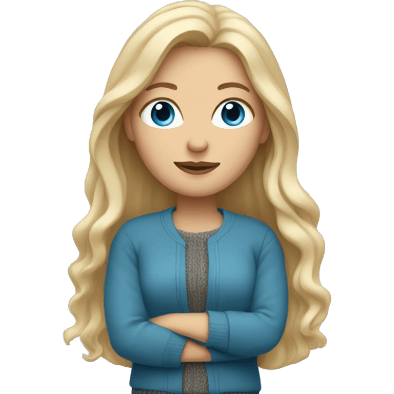 White woman with long blonde hair and blue eyes in layered sweaters  emoji