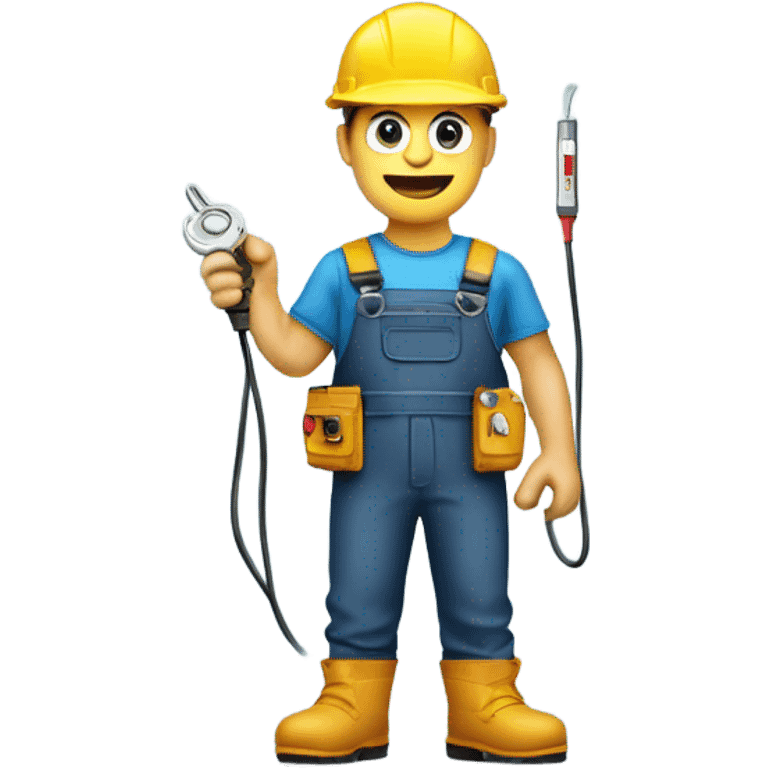 electrician in a hard hat and jumpsuit, holding a coiled wire and a voltage tester, with a utility belt emoji