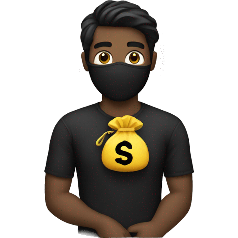 Man with a black mask lined shirt and a money bag on his shoulder emoji