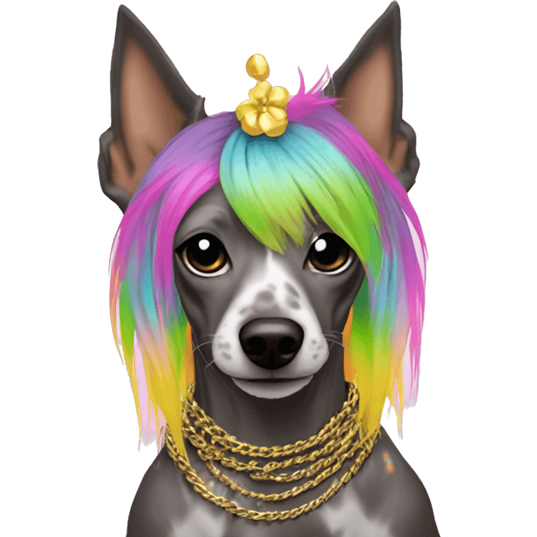 Punk Chinese crested dog neon rainbow hair gold chain punk piercings tattoos punk ear piercings emoji