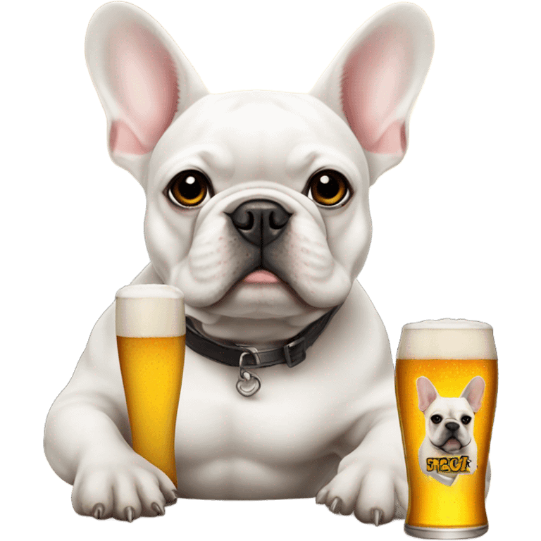 White French bulldog with black eye holding a beer emoji