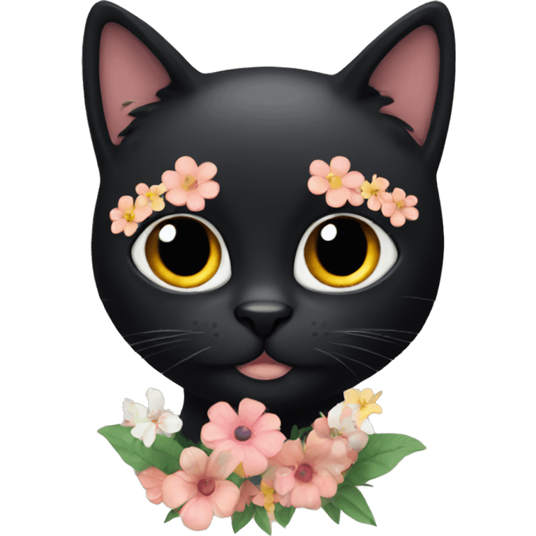 Black cat with flowers around the head  emoji