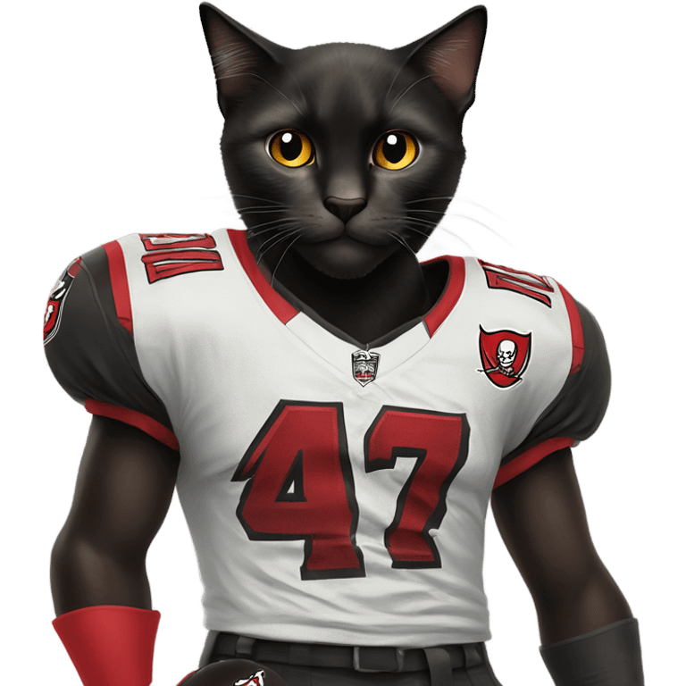 Black cat wearing Buccaneers jersey ￼ emoji