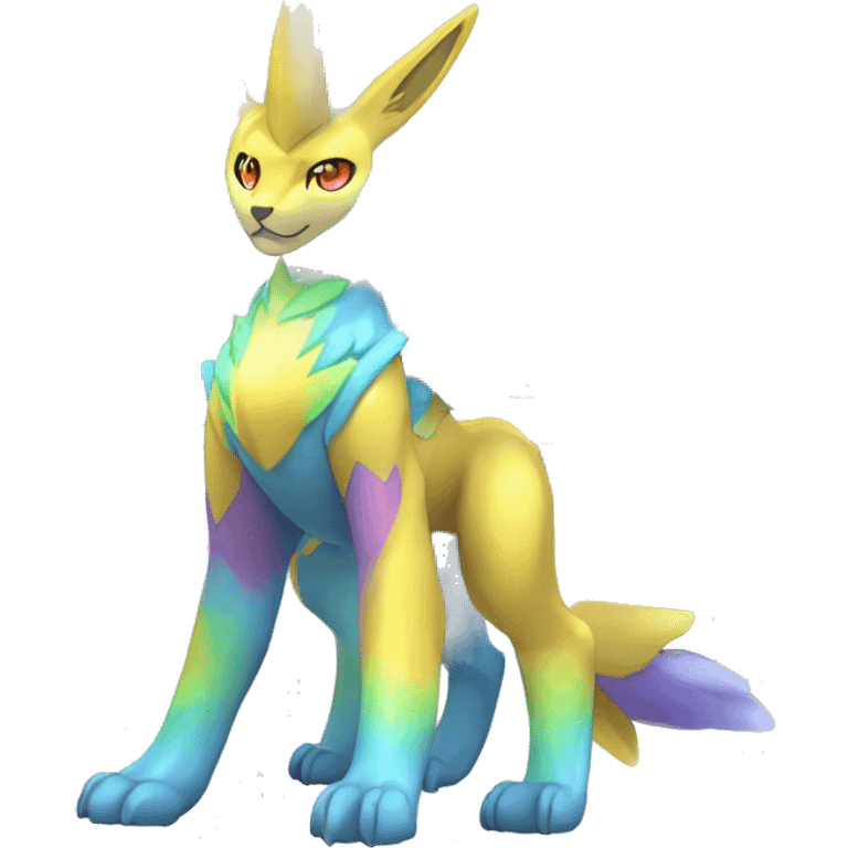 Celestial Powerful Rainbow-Crystallic Colorful Vibrant Colors Flying Advanced Zeraora-Aurorus-Fakémon-Legendary-Pokémon-Creature Full Body emoji