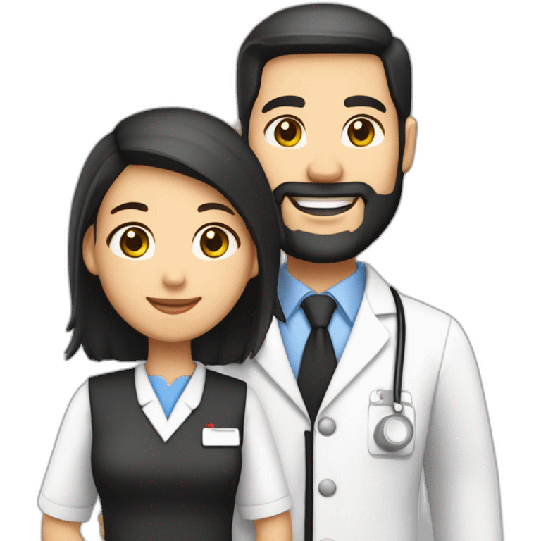 husband american 55 dark hair trimmed beard business suit pastor holding bible, wife asian age 55 black shoulder length hair wearing nurse uniform and nurse cap, no children emoji