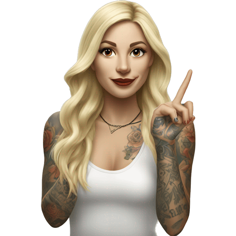 Blonde elegant women with LONG HAIR, her Body Covered with Tattoos, POINTING YOU FORWARD with her HAND with INDEX FINGER, Hyper Realistic emoji