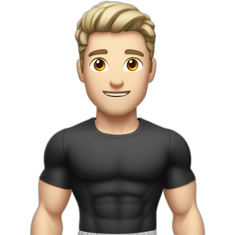 amazed Pale skinned Fit Man With the biceps and dark brown hair in black shirt, gray sports shorts and white Sneakers emoji