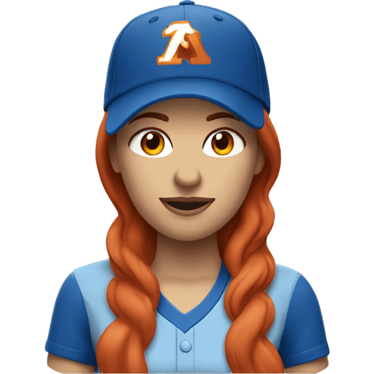 standing up white female coach with long red hair in blue  t-shirt and with a simple blue baseball hat emoji