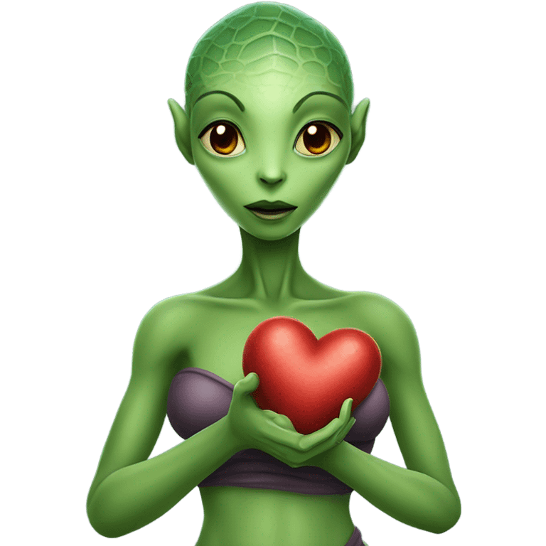 a Reptilian alien woman full body, holding big red heart emoji