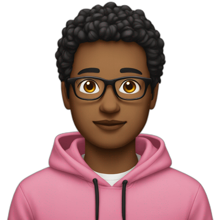 A young man wearing glasses, a pink hoodie, and black hai  emoji