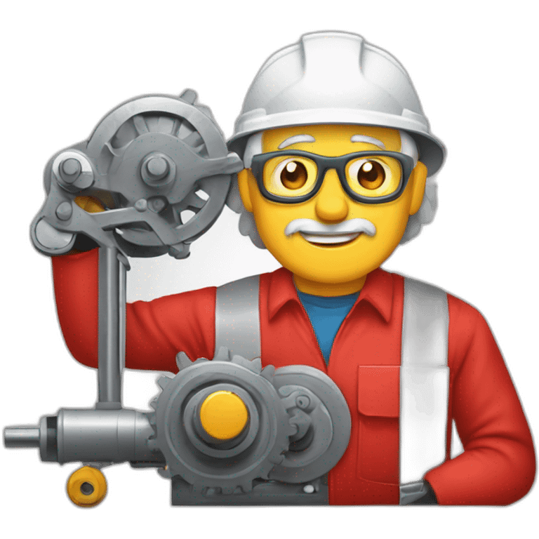 Industrial professional senior mechanical assembler working on the assembly of heavy machinery with a red outfit emoji