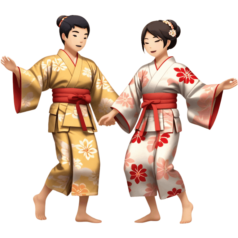 Cinematic Realistic scene of two performers engaging in Bon Odori, dressed in traditional yukata with intricate summer patterns, captured in graceful, rhythmic motion with warm, festive lighting emoji