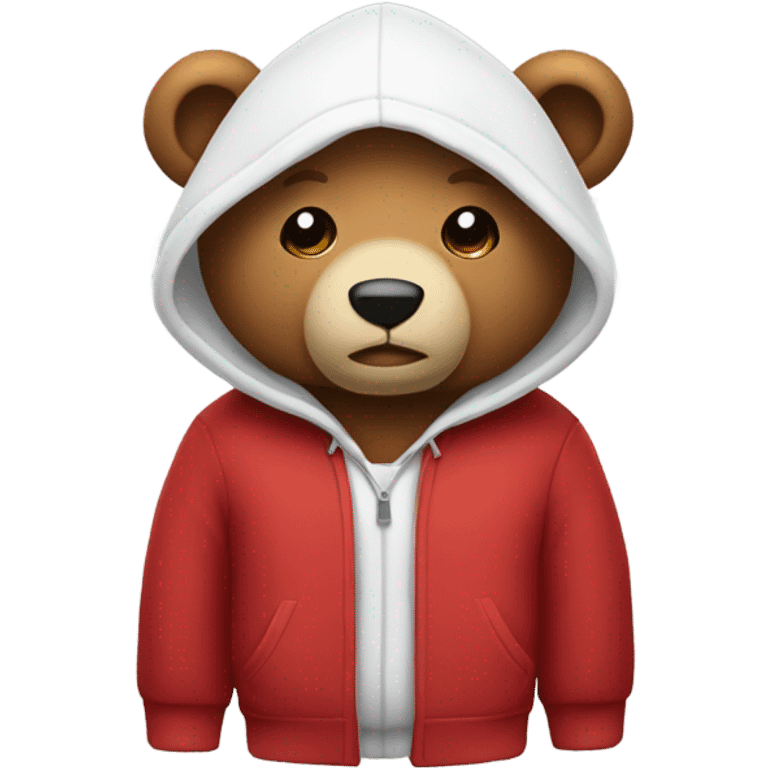 Stuffed bear wearing a hoodie, top half is red, bottom half is white emoji