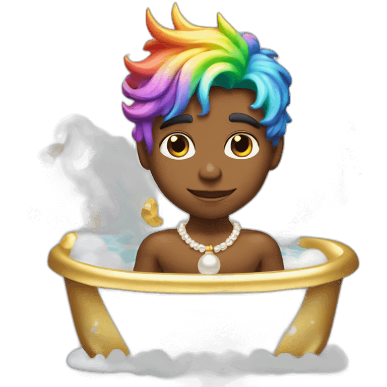 posh-muscle-boy-with-pearl-necklace-and-rainbow-unicorn-hair-in-golden-bathtub emoji