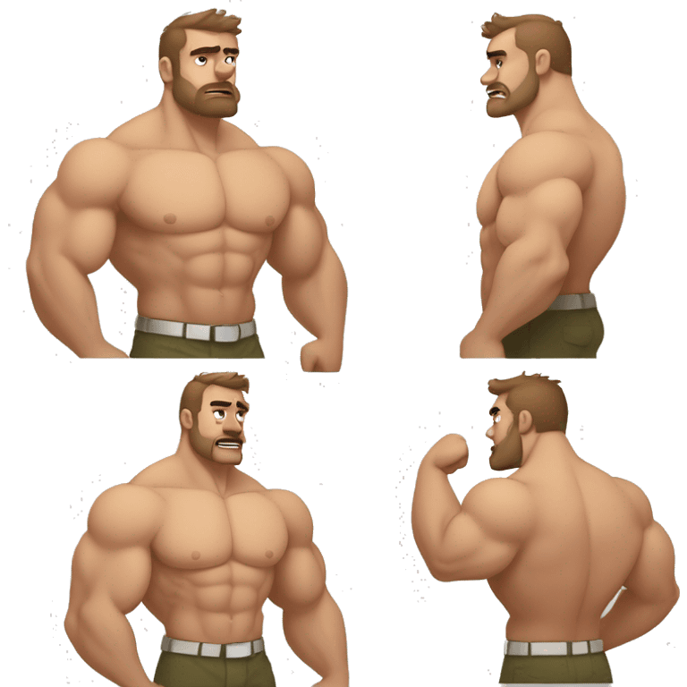 White skin, Shirtless, brown hairy chest bear, Bodybuilder, biceps, military haircut emoji