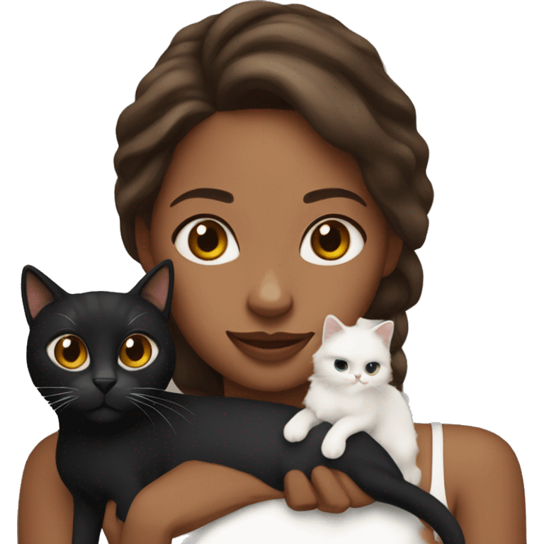 long wavy haired brown skin woman holding black and white cat emoji