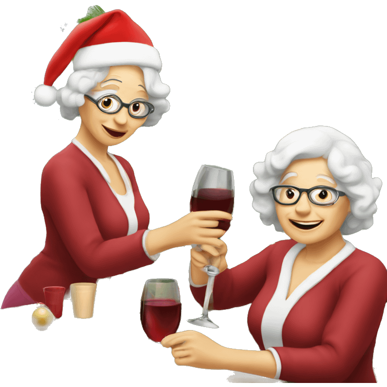 2 older ladies putting ornaments on a Christmas tree and drinking wine emoji