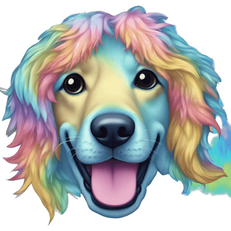 Multicolored rainbow retro groovy tie dye hippie trippy floral patterns on a metallic holographic iridescent blue dog face head unicorn emoji