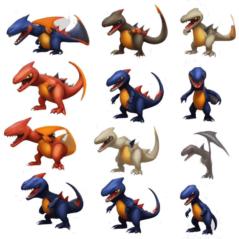 Black, Red, Orange, Beige, Modern, Futuristic, Cool, Edgy, Badass Punk-style Garchomp-Charmeleon-Croconaw Fakémon-Digimon  full body emoji