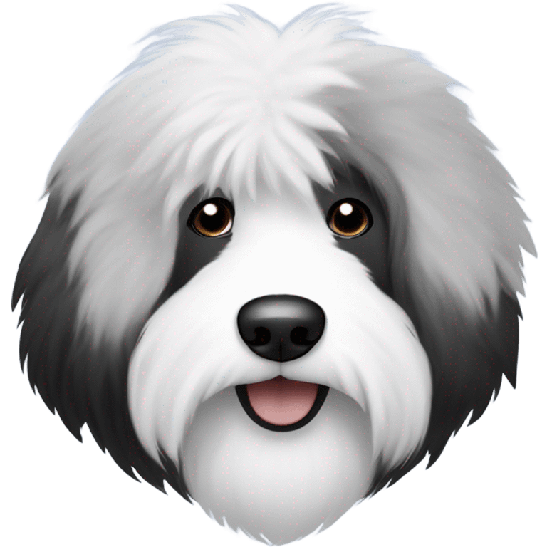 Fluffy Old English sheepdog face with the left half of his face white and the black half of his face black. White around the mouth and nose emoji