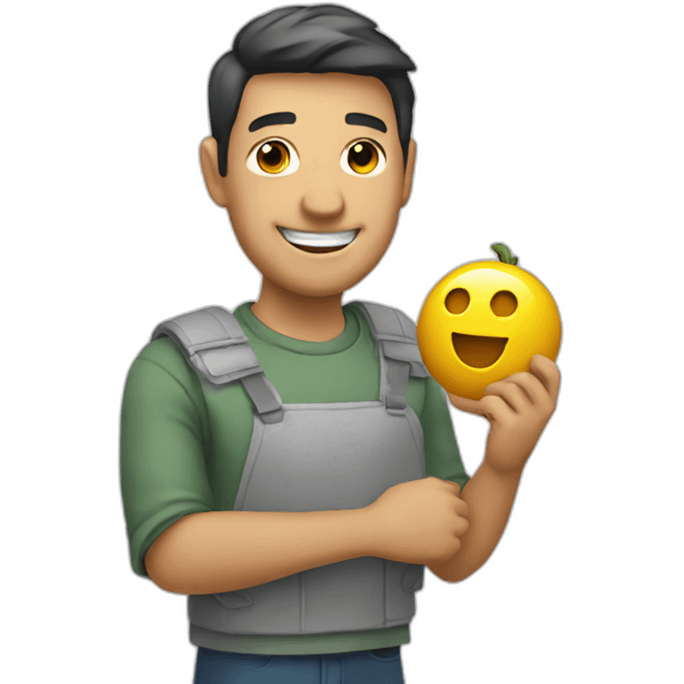 A smiling man holding building in his hand emoji