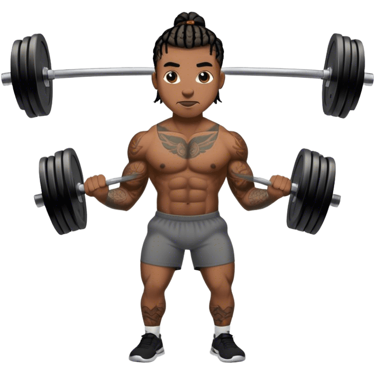 Buff black man with short braids and tattoos lifting weights emoji