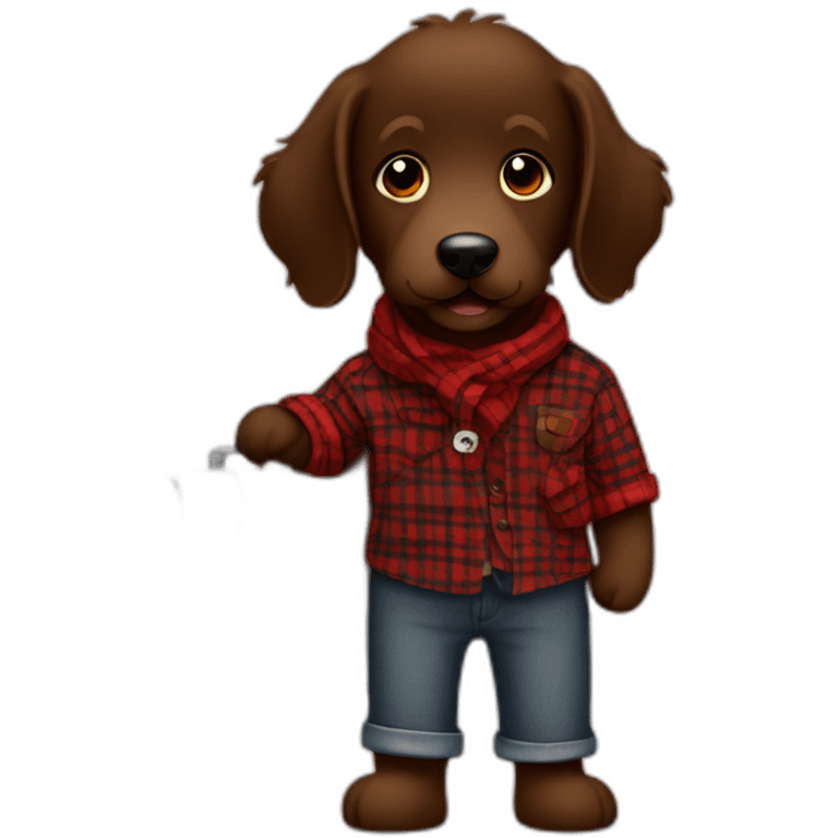 Chocolate colored doodle wearing a red and black flannel handkerchief with a carryon suitcase emoji