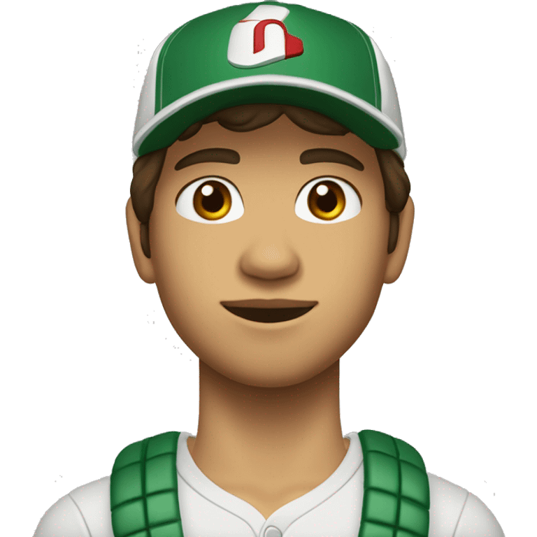 Teenager boy type mexican, White skin, with baseball cap backwards with wavy brown hair (Which go down behind to the nape of the neck), Little bit dezoom emoji