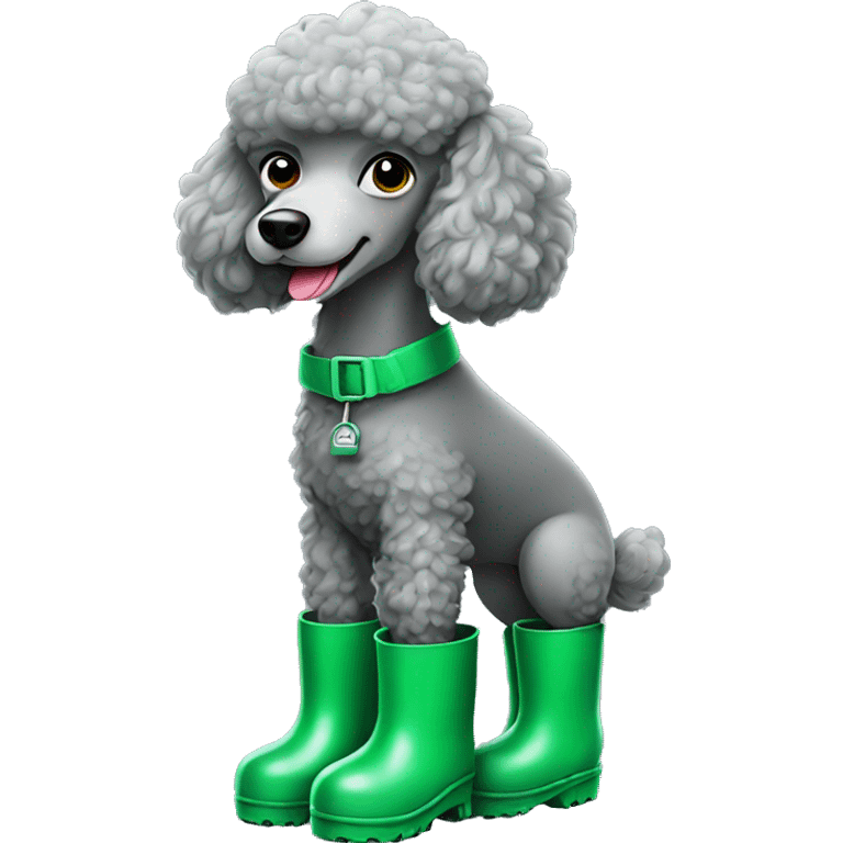 Grey poodle wearing green rain boots  emoji