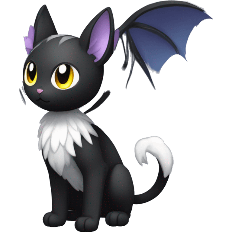 Shiny Shy Cool Black beautiful fantasy Kawaii Ethereal Sona Fakemon-cat-animal with edgy bat-wings-ears Full Body emoji