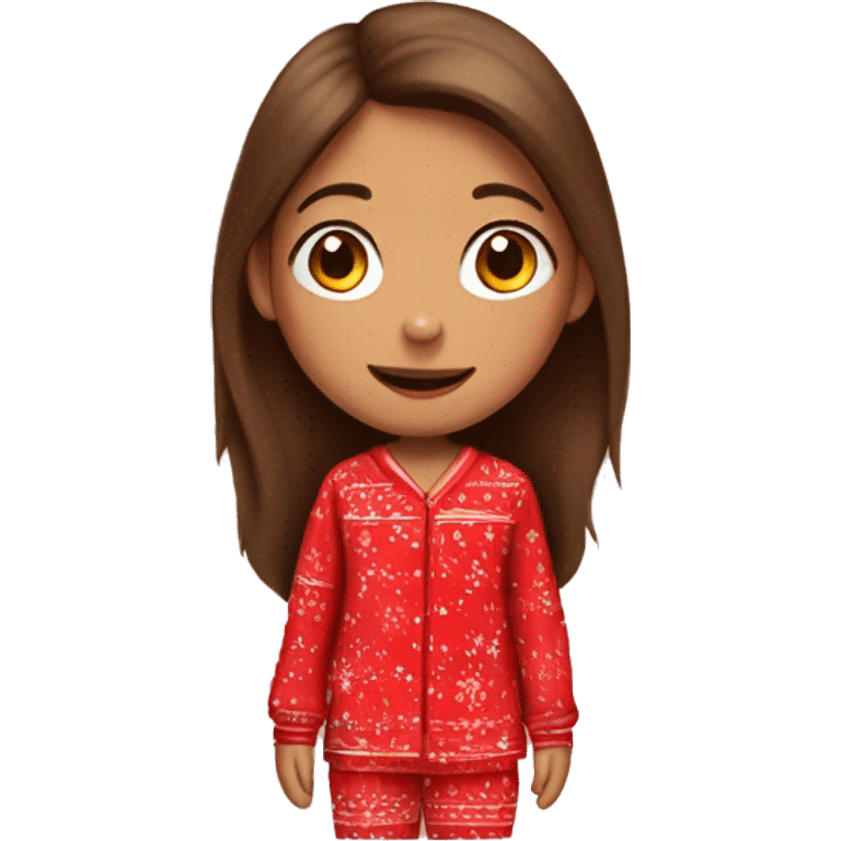 girl with long brown hair, in red New Year's pajamas with bears emoji