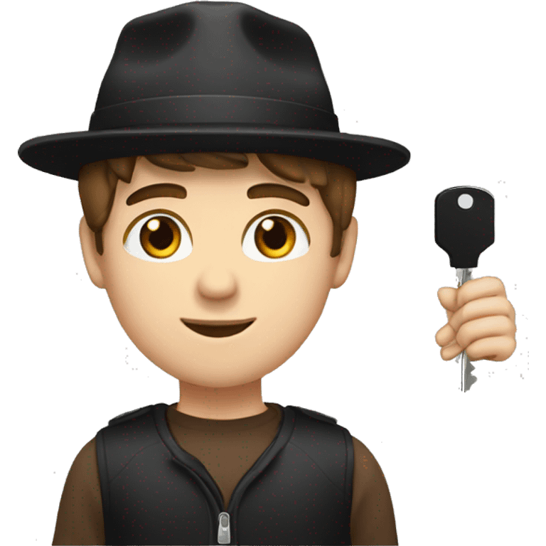 white boy, with a brown hair, brown eyes and with a black hat holding a car key emoji