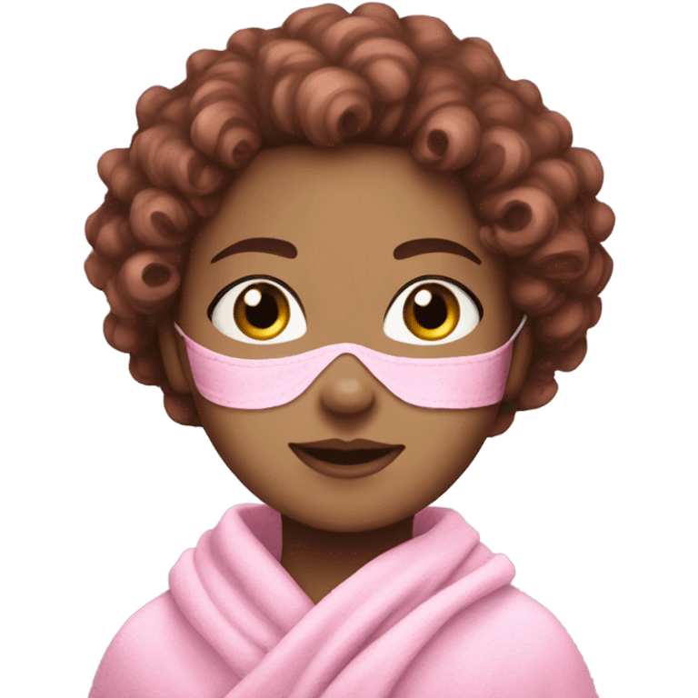 White skin girl with a pink face mask, curly and brown hair, and a pink hair towel  emoji