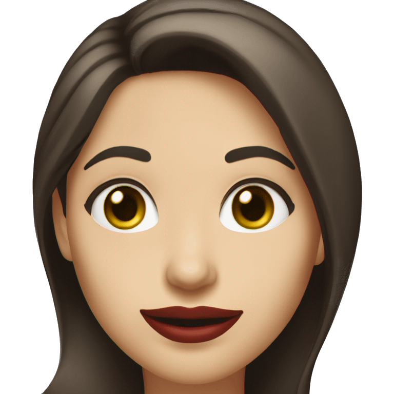 A headshot of a cheerful woman in her 30s with light white skin, shoulder-length dark brown hair, and a round face with prominent cheekbones. She has dark green eyes, full lips with red lipstick, and a warm, friendly smile. She's wearing a blue shirt. emoji