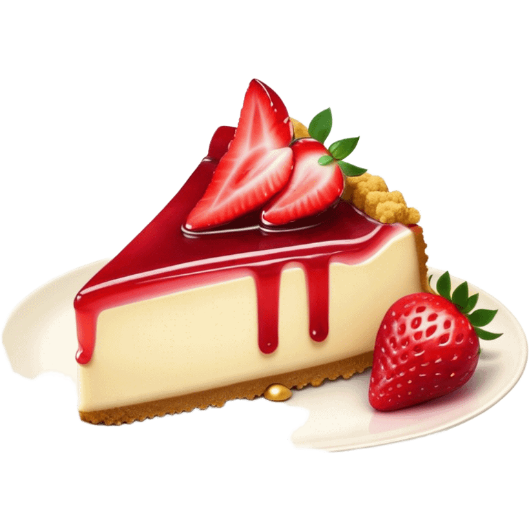 Cinematic creamy cheesecake, smooth and velvety, topped with fresh strawberries and a glossy fruit glaze, golden crumbly crust, beautifully plated, soft glowing background, indulgent and elegant. emoji