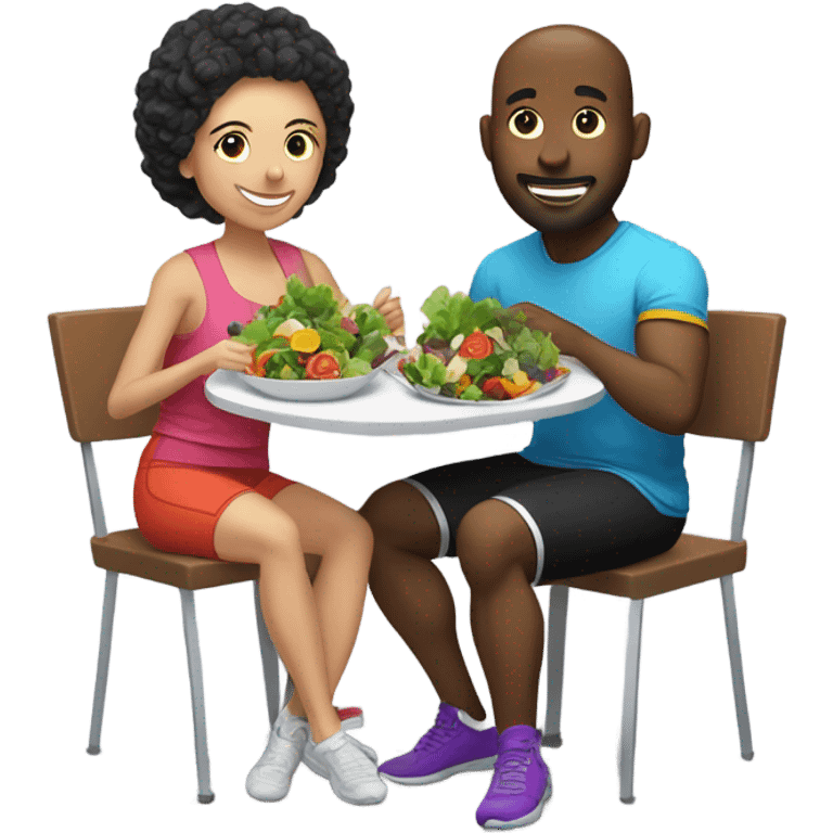 emoji Sporty white couple, man and woman in sportswear, sitting at Christmas holiday dinner table only salads emoji