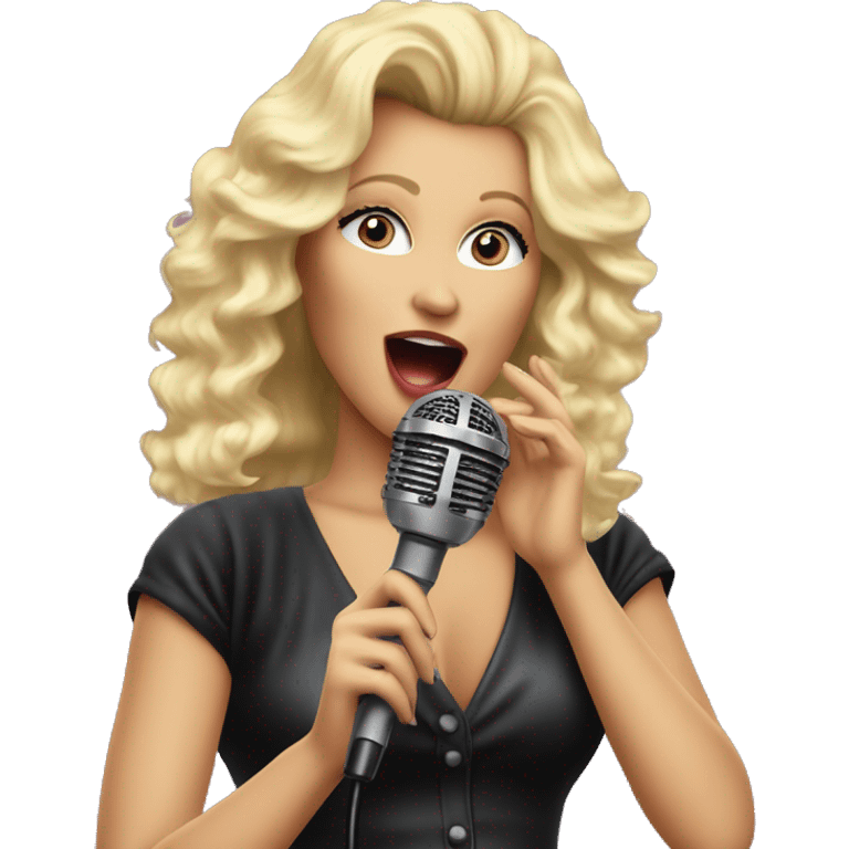 Singer female with blond hair big volume 80's style, singing on the stage with microphone.  Retro rock 80-90's emoji