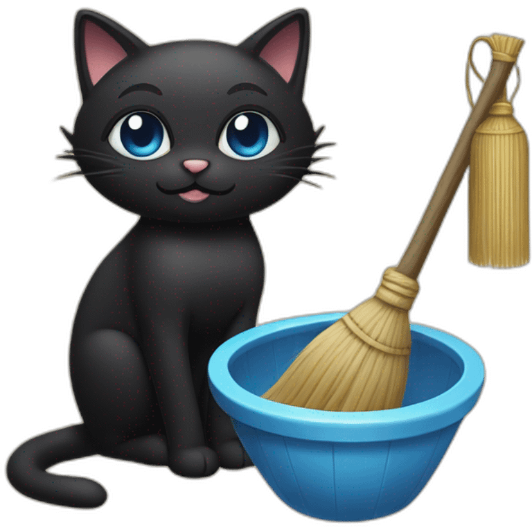 a black cat with blue eyes who sits in a village bathhouse with an oak broom and drinks kvassa broom emoji