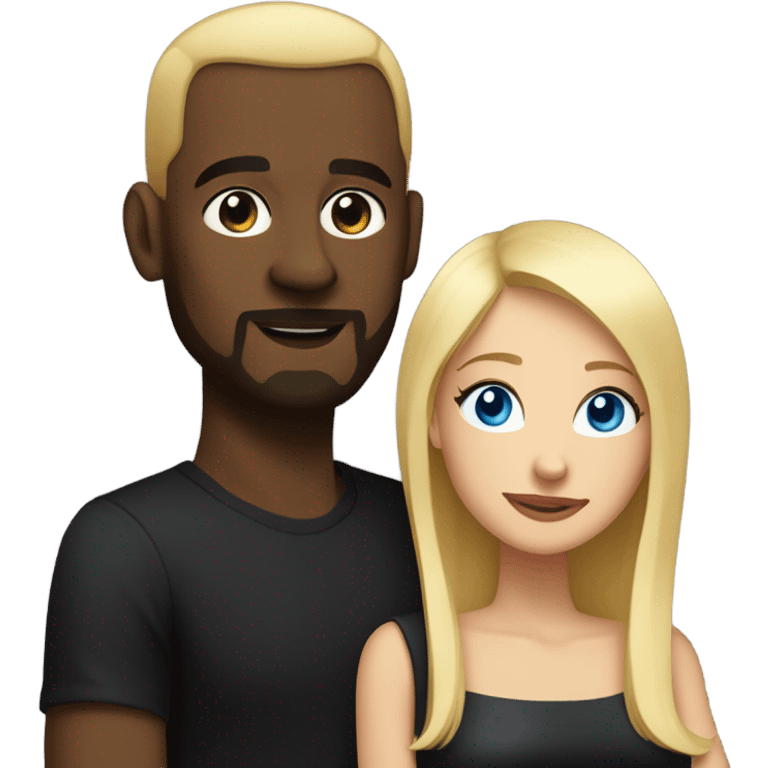 Blonde woman with blue eyes and long straight hair wearing a short black dress and a black man who is bald with a goatee seated together on a sofa enjoying a passionate embrace.   emoji