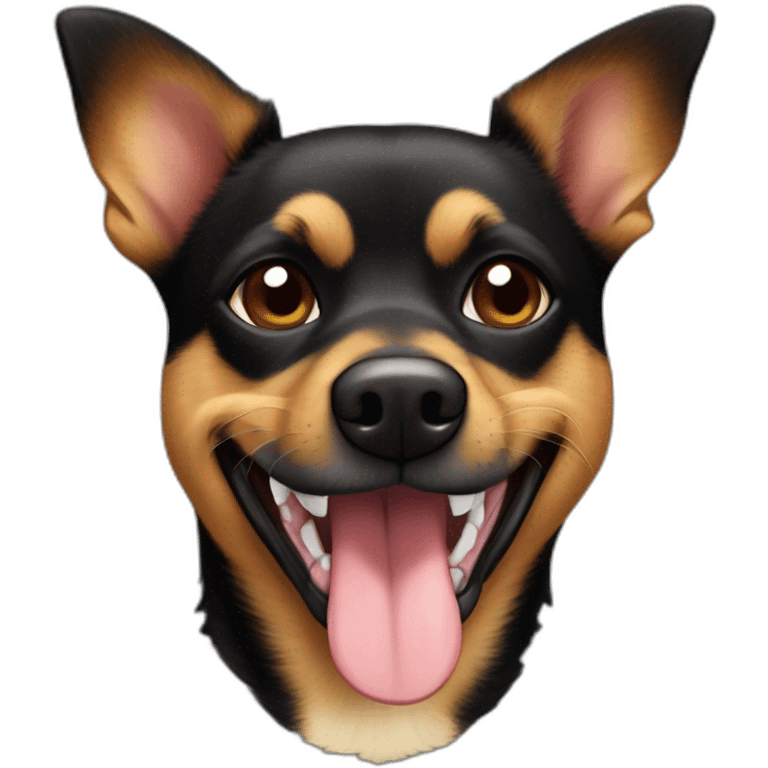 black and brown mutt dog with mostly german shephard head but larger chihuahua eyes with large overbite with left upper sharp canine tooth crooked and sticking out of mouth emoji