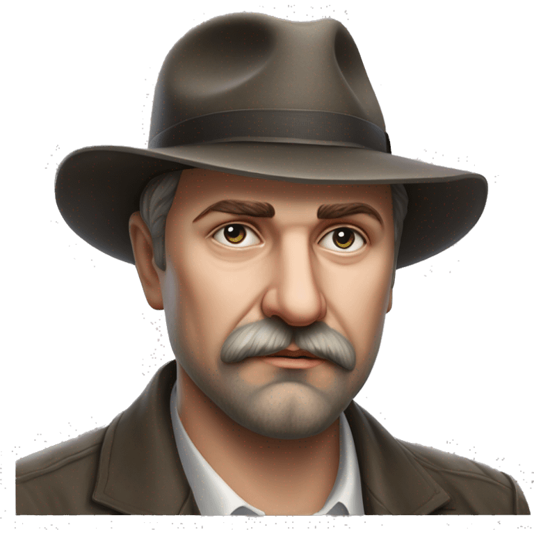 Russian writer Alexander Kuprin Photorealism A plump serious man of Slavic appearance with Small eyes with goatee beard and mustache, with a  short haircut, big detailed face, wrinkled face, wearing a fedora hat emoji