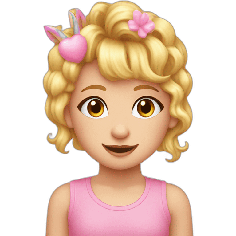 Niña rubia con pelo rizado y dos coletas con lazos, nariz redondita y ojos marrones. Camiseta rosa de unicornio emoji