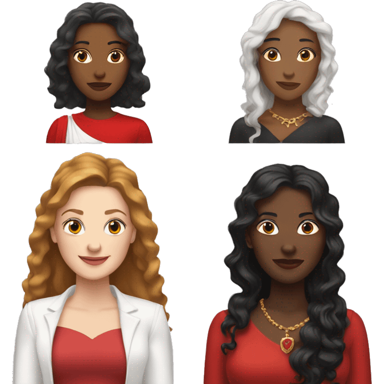 White woman with long brown hair and black woman with long black hair wearing red and crowns emoji